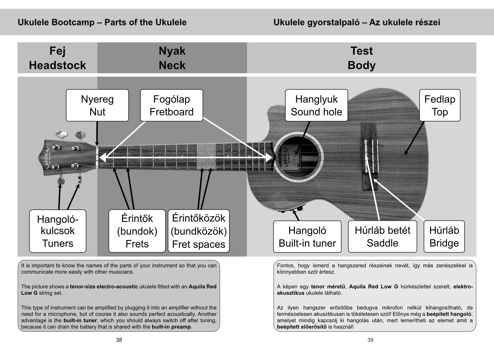 Parts of the Ukulele — bilingual bootcamp spread (Hungarian and English pages)